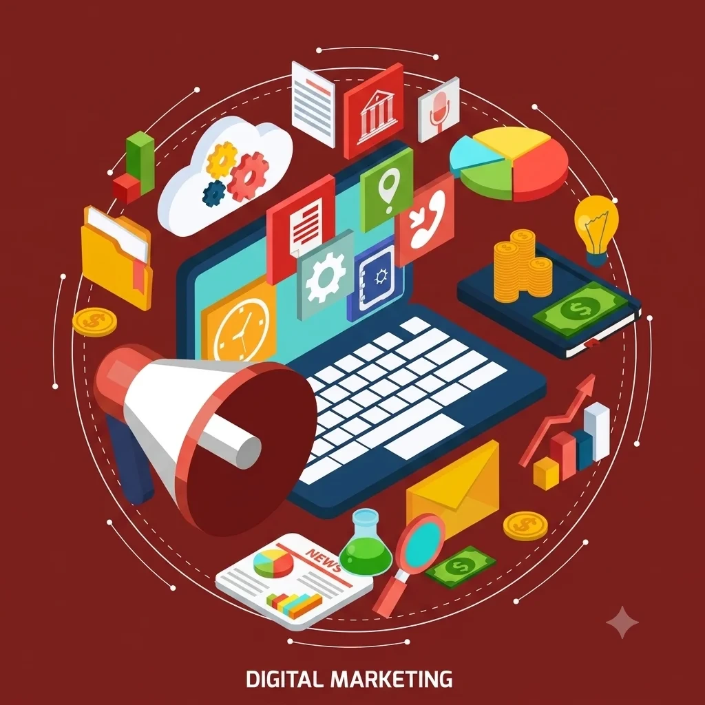 Illustration representing digital marketing, featuring a laptop surrounded by marketing icons such as charts, social media symbols, analytics, money, advertising, email, and documents, with the words ‘DIGITAL MARKETING’ at the bottom